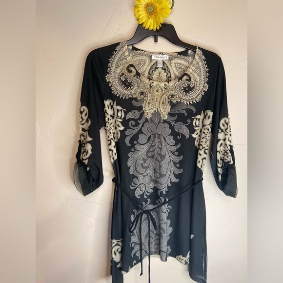 Dress Barn~Floral & Paisley Studded Tunic w/Tie~3/4 Tab Sleeve~Scoop Neck~Size M - Picture 1 of 13